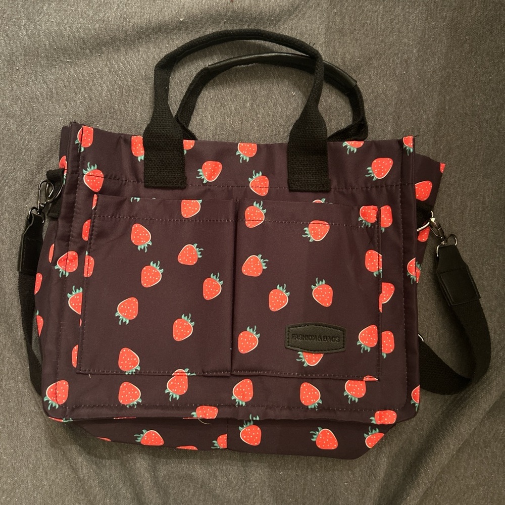 Strawberry Print Black Bag